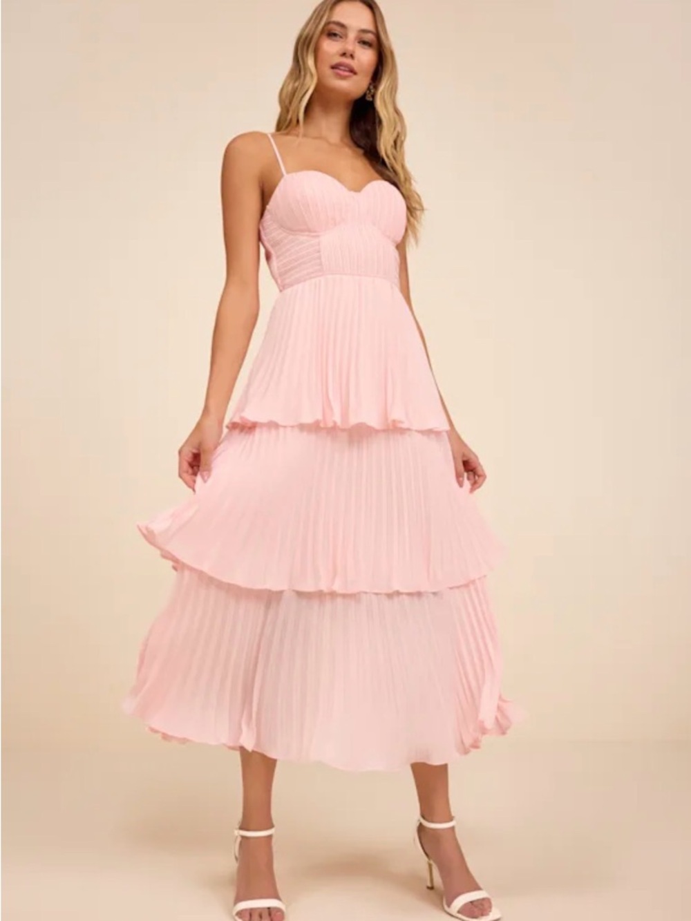 Lulu's Blush Pink Pleated Tiered Midi Dress Size XS NWT